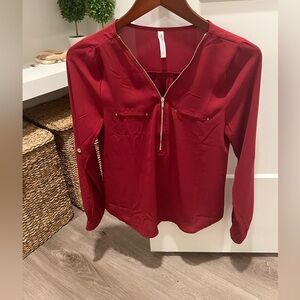 Red Zippered Blouse with Mandarin Collar